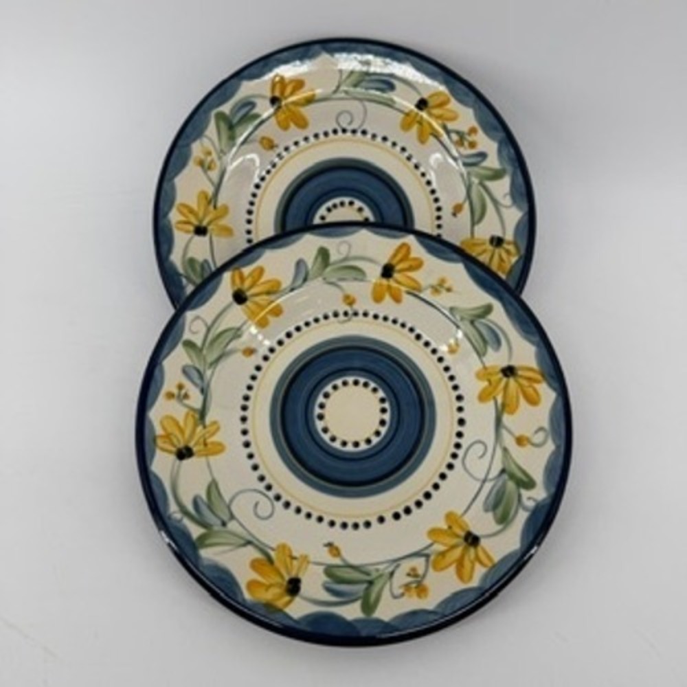 Tabletops Gallery Bella Flora Salad Plates Set of 2 Blue Yellow Floral 8.75"